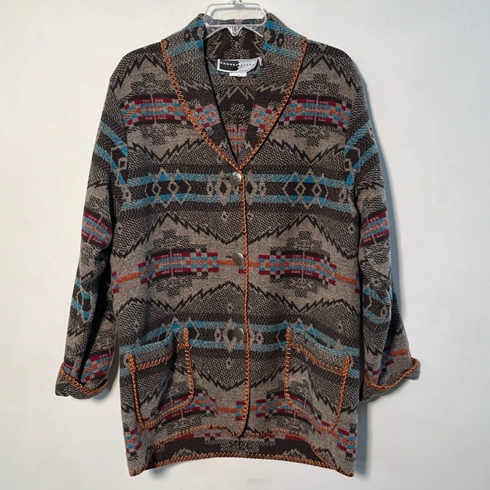 RHONDA STARK Southwest Aztec Wool Cabin/Cottage Silver Button Blanket Coat M